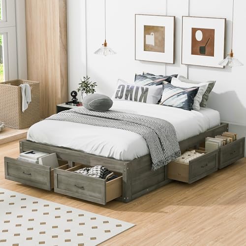 JIVOIT Full Size Bed Frame with 6 Storage Drawers, Wood Platform Bed Frame with Spacious Storage, Wooden Slats Support, No Box Spring Needed, Easy Assembly (Antique Gray/Full)