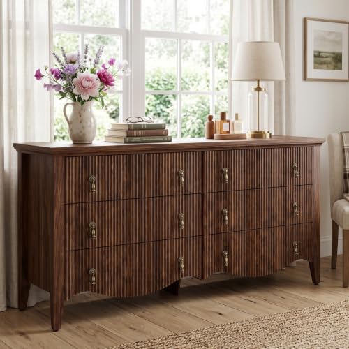 6-Drawer Fluted Dresser, 52" Wide Double Chest of Drawers,Walnut, view 2