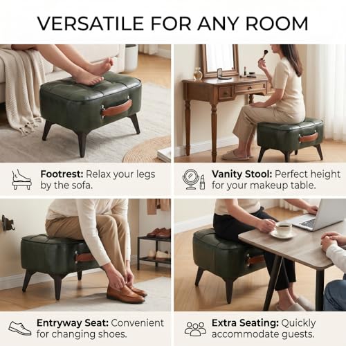 Vintage Style Faux Leather Ottoman Footstool - Wooden Frame, Upholstered Interior, Multi-Use Footrest for Living Room, Entryway, Office (Green Black)