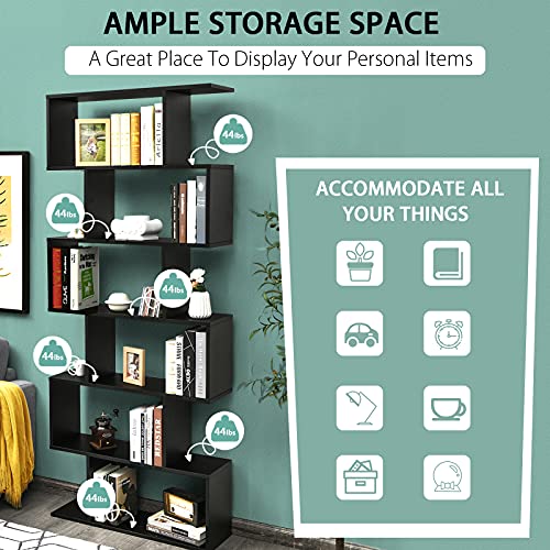 6 Tier S Shaped Bookshelf, 31.5''L x 9''W x 75''H, Wooden Bookcase and Bookshelves w/Anti-Toppling Device, Room Divider Display Shelves for Living Room, Home Decor, 6 Shelf Bookshelf