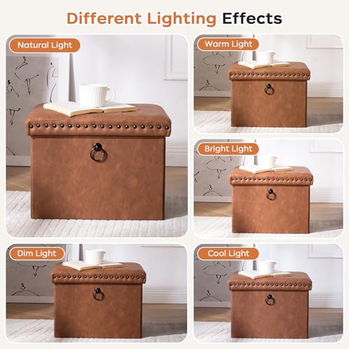 Folding Storage Ottoman 16x12x12 inches, Small Faux Leather Foot Rest Stool with Button Tufted Rivet Design, Footstool Bench, Ottoman with Storage for Living Room Bedroom Coffee Table, Brown