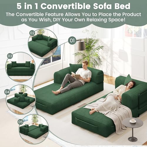 80" Convertible Sofa Bed, 5 in 1 Modular Boneless Couch Sleeper Sofa Bed with Fixed Frame & Removable Backrest Pillow, Washable Corduroy Futon Sofa Bed Couch in a Box for Small Spaces, Dark Green
