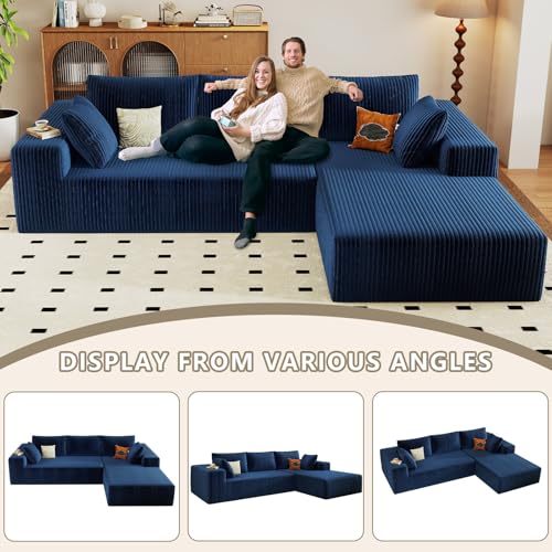 96" Cloud Sectional Couch with L-Shaped Chaise, Modern Corduroy Sectionals Couches with Deep Seat, Boneless Sofa 3 Seater for Living Room, No Assembly Required (Blue, Right Facing Chaise)