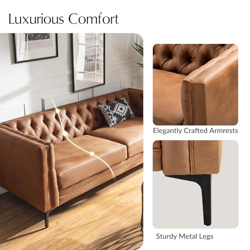 84" W Faux Leather Sofa Couch with Metal Legs, Button-Tufted 3-Seater Sofa, Mid Century Modern Upholstered Couch for Living Room, Entertainment Area, Apartment,Camel