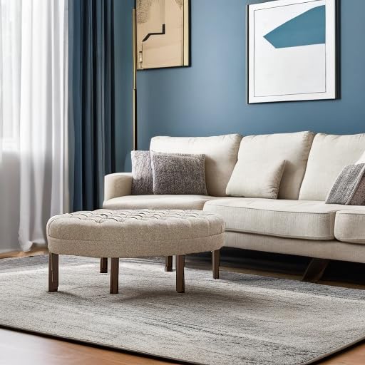 Martin Oval Surfboard Tufted Cocktail Ottoman Soft Fabric, All Foam, Wood Frame Modern Coffee Table Living Room Lounge Furniture, Linen, 48"W x 27.5"D x 18"H