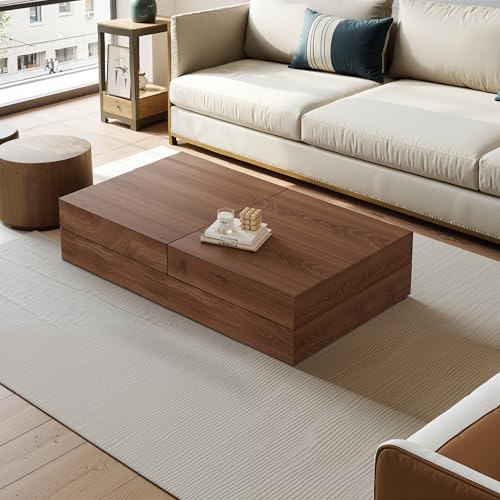 Mid-Century Modern Farmhouse 47.2-81.8" Expandable Coffee Table,Adjustable Center Table with Large Storage for Living Room, Walnut