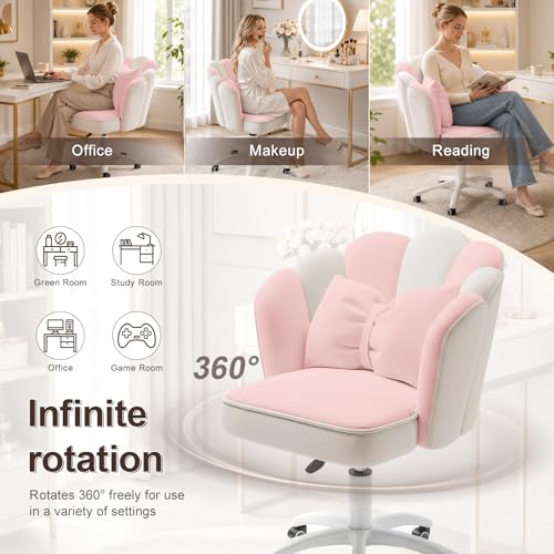 Vanity Chair with Wheels Velvet Petal Desk Chair Upholstered Tufted Home Office Chair for Women Girls, Height Adjustable Makeup Task Chair for Bedroom Living Room, Pink White