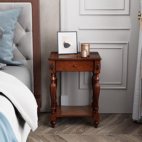 Solid Wood Retangle End Table with Drawer and Storage Shelf, 28"H Traditional Vintage Side Table Polished Edging Sofa Table Bedside Nightstand for Living Room Bedroom Home, Cherry Walnut GBJ-1533-WD