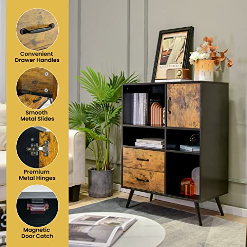 Buffet Cabinet with Storage, Industrial Kitchen Sideboard with 2 Large Drawers, 4 Cubes Cabinet, Mid-Century Cupboard, Standing Organizer for Kitchen, Entryway
