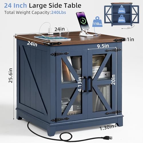 Farmhouse End Table with Charging Station, 24" Large Sofa Side Table with Glass Barn Door, Blue Nightstand with Adjustable Storage Shelf,Wood Square Bedside Table for Living Room,Bedroom