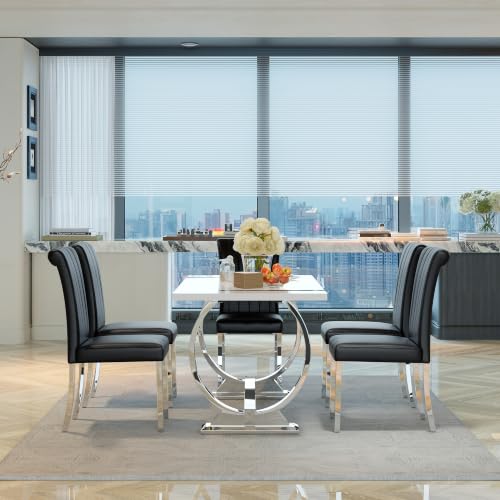 Black and Silver Dining Chairs Set of 2,Leather Upholstered Chairs
