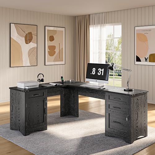 L Shaped Farmhouse Executive Desk with Drawers, 67" Home Office Desks with Fast Charging Station, Lockable File Cabinet, Wood Writing Computer Desk for Work, Study, Black