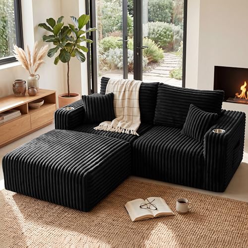 67'' L-Shaped Cloud Modular Sectional Sofa, Modern Corduroy Memory Foam Couch with Cup Holders, Upholstered Boneless Deep Seat Fluffy Loveseat with Ottoman, No Assembly Needed, for Home, Black