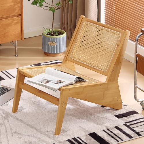 Mid Century Rattan Accent Chair, Bamboo Wood Lounge Chair with Woven Cane Backrest, Low Armchair for Living Room, Bedroom, Balcony or Reading Corner, Natural