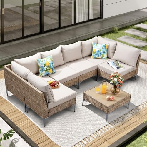 7 Piece Wicker Patio Furniture Set,Outdoor Conversation Sectional Sofa w/Coffee Table,All-Weather Outdoor Sofa with Thick and Anti-Slip Cushions for Deck,Poolside,Garden,Beige