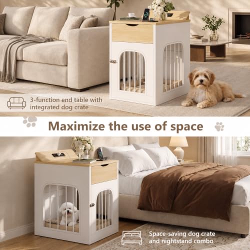 Dog Crate Furniture with Drawer and Charging Station, White, view 8