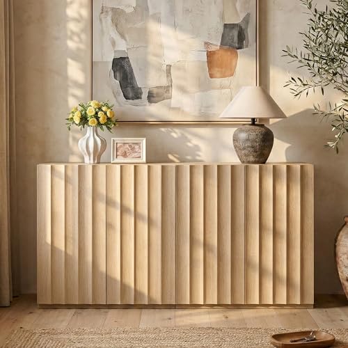 Sideboard Cabinet, 94.11" Buffet Fluted Cabinet, Light Oak, view 7