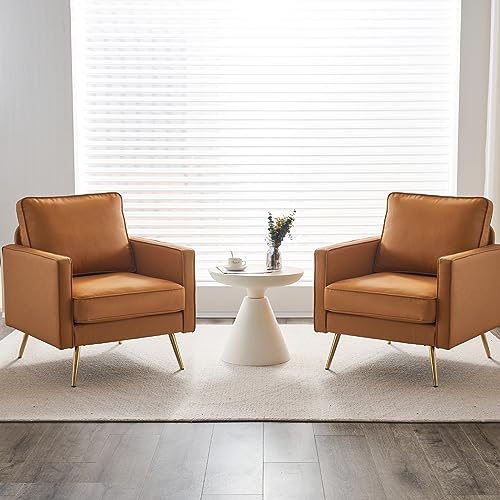 Modern PU Leather Accent Chair for Living Room,Bedroom Comfy Chair Arm Chair Reading Chair with Golden Metal Legs and Deep Seat for Office,Apartment,Small Space,Cognac