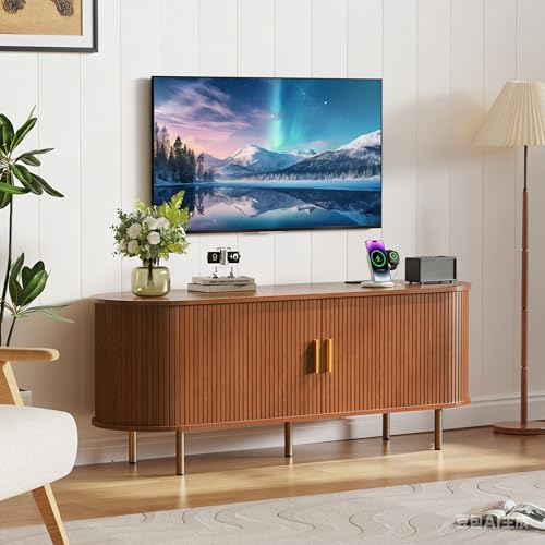 55 Inch Mid Century Modern TV Stand with Power Outlet for TVs up to 60 Inch, Entertainment Center with Storage and Adjustable Shelves, Media Console with Sliding Doors for Living Room(Walnut)