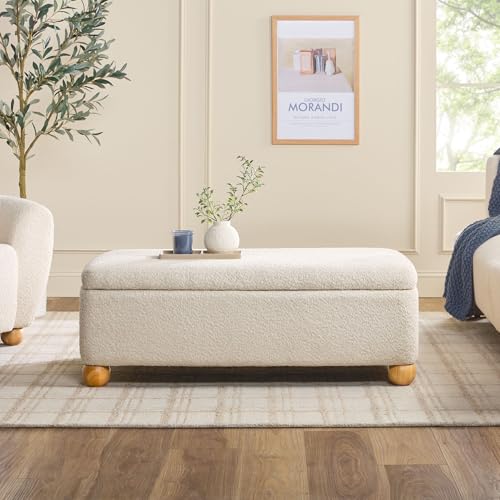 Linley Contemporary Large Storage Bouclé Ottoman with Wood Legs, Ivory