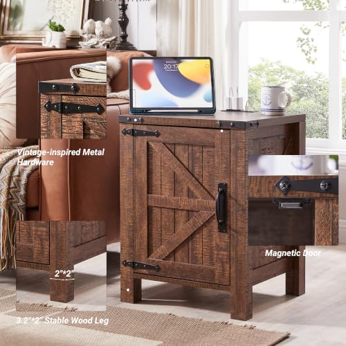18" Farmhouse End Table Set of 2, Reclaimed Barnwood | Rustic Nightstand, Charging Station, Barn Door, Adjustable Storage Shelf, Wood Sofa Side Table, Living Room, Bedroom