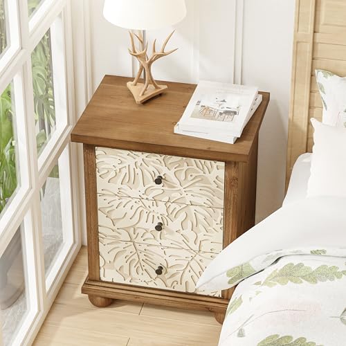 Set of two white and brown carved farmhouse three-drawer nightstands, view 8
