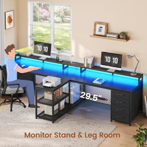 94.5" 2 Person Gaming Desk, Long Office Computer Desk with 8 Drawers & LED Light, Two Person Desk with Storage, Power Strip & Monitor Shelf for Home Office, Black