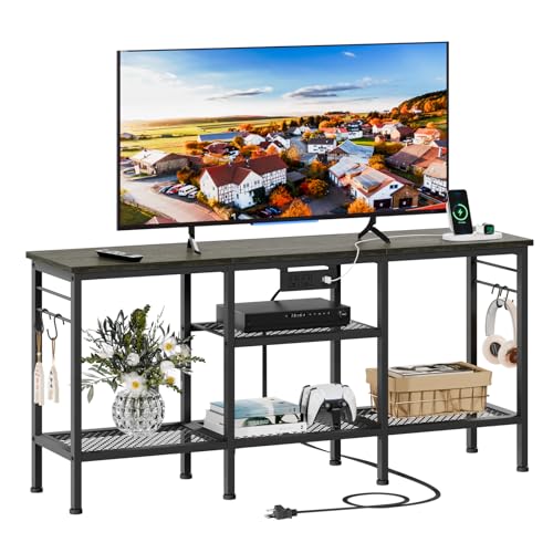 TV Stand with Power Outlets, Entertainment Center with Open Storage Shelves for TVs up to 55 Inch, Media Console Table with Soundbar Shelf for Living Room, Bedroom, Black Oak