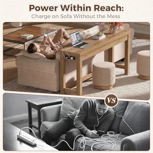 63" Console Table with Charging Station, 13.8" Deep Farmhouse Sofa Table Behind Couch with 2 AC Outlets & 3 USB Ports, Long Entryway TV Console or Home Office Desk, Natural Oak