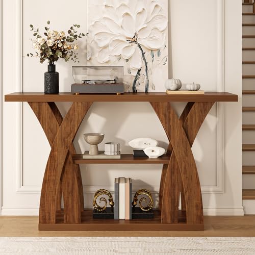 55 inch Farmhouse Entryway Table, Console Table with 3-Tier Storage, Rustic Striped Brown X-Shaped Narrow Entry Table for Behind Couch, Living Room, Hallway, Foyer
