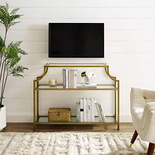 Aimee Sofa Console Table with Storage Shelves for Hall, Entryway, or Living Room, Gold and Glass