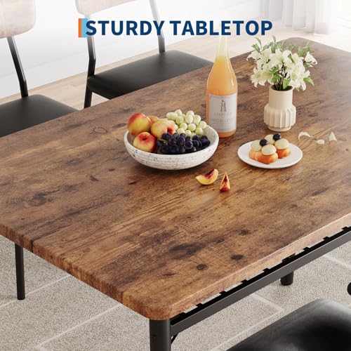 Dining Table Set for 4 with Storage Rack, 5-Piece Kitchen Table and Upholstered Chairs of 4, Wood Tabletop & Heavy-Duty Metel Frame, Dining Room Set for Small Space, Apartment, Brown