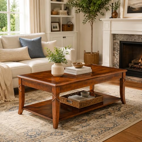 Solid Wood Coffee Table with Storage Shelf, Mid Century Modern Rectangle Coffee Table for Living Room, Large Countertop Center Table, Cherry Walnut KFZ-DR200