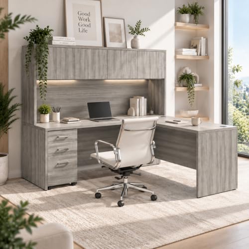 71" L Shaped Executive Desk with Hutch, Built-In Power & Storage Cabinet, view 8