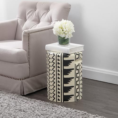 Yoli 18" Geometric Concrete Drum Garden Stool, Black/Cream | Weatherproof Accent Side Table, Indoor Outdoor Versatility, Modern Bohemian Minimalist Style, Integrated Handles