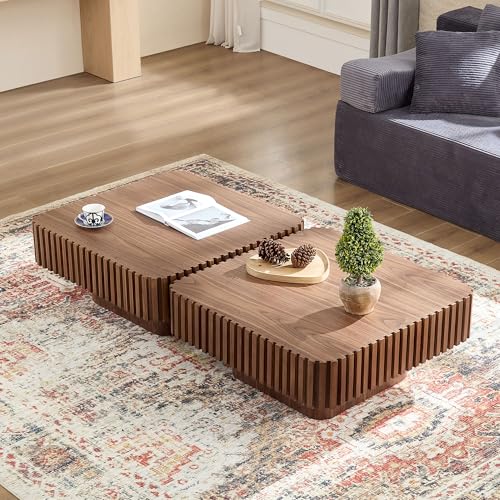 35.43" Square Coffee Table with Sturdy Base, Modern Luxury Wood Drum Center Table Accent End Side Table for Living Room, Minimalist Fluted Design, Walnut