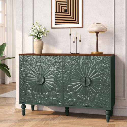 Accent Cabinet with 4 Vintage Carved Flower Doors, Green | 47" Sideboard Buffet Cabinet with Storage, Decorative Cabinet Wood Credenza for Living Room, Hallway