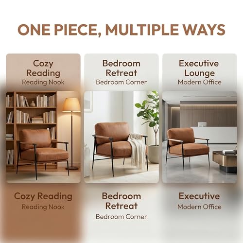 PU Leather Accent Chairs Set of 2 Brown Lounge Chairs with Metal Legs Modern Armchairs Upholstered Mid-Century Comfy Leisure Chair for Bedroom Living Room Reception Area