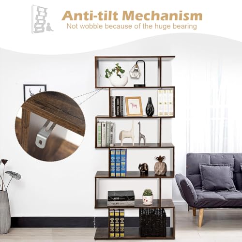 6-Tier Geometric Bookcase, Modern S-Shaped Storage Display Bookshelf for Living Room, Anti-Toppling Device, Home Office Wooden 6 Shelf Open Bookcase (1, Coffee)