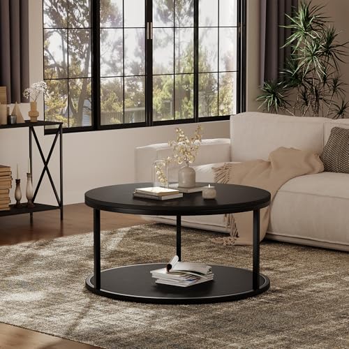 36" Coffee Tables with Storage, 2-Tier Round Coffee Table, Center Table for Living Room, Furniture for Small Spaces, Black
