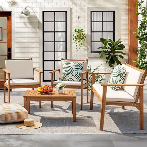 4 piece acacia wood patio conversation sofa set with cushions, view 2