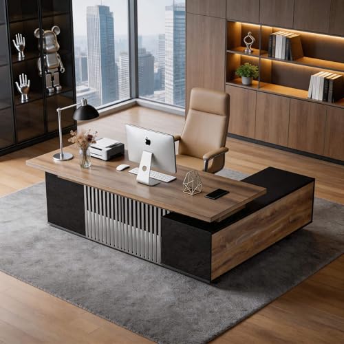 70.86 Inch Large Executive Desk with Drawers Cabinet, L Shaped Office Desk, view 2