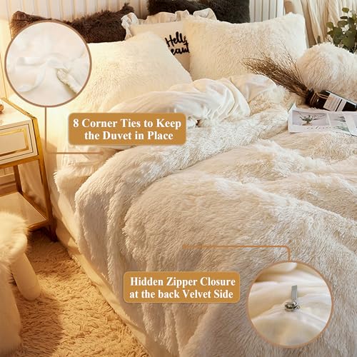 Plush Shaggy Duvet Cover Set, Luxury Ultra Soft Crystal Velvet Fluffy Bedding Sets 3 Pieces(1 Furry Faux Fur Comforter Cover + 2 Fuzzy Faux Fur Pillowcases), Zipper Closure(Queen, Light Beige)