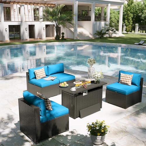 Patio Furniture Set with Fire Pit Table, 5 Piece Outdoor Sectional Sofas, Wicker Rattan Outdoor Furniture with Thickened Cushion for Backyard, Garden Peacock Blue