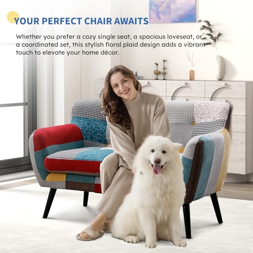 Modern Boho Loveseat Couch Sofa Chair for Living Room Bedroom, Upholstered Colorful Plaid Fabric 2-Seat Love Seat Sofa with Wood Leg for Small Space, One Loveseat