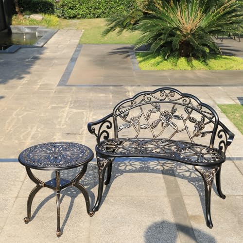 Outdoor Cast Aluminum Side Table Patio Side Table Backyard, Pool, Indoor, Easy Maintenance and Weather Resistant Coffee Table Porch Table Bistro Table (18.5round-Bronzed)