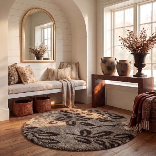 SAFAVIEH Florida Shag Collection Area Rug - 4' Round, Smoke & Dark Brown, Floral Design, Non-Shedding & Easy Care, 1.2-inch Thick Ideal for High Traffic Areas in Living Room, Bedroom (SG456-7928)