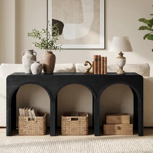67" Long Arched Console Table, 15.5" Deep Modern Designer Entryway Table, Sculptural Triple Arch Sofa Table for Living Room, Hallway, Behind Couch, Multi-Scene Accent Furniture, Black Wood Finish