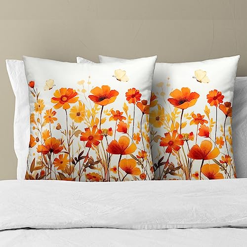 Fall Wildflowers Decorative Pillow Covers 18x18 Inch Set of 2,Thanksgiving Autumn Kitchen Home Decor, Orange Flower Throw Pillows Case,Farmhouse Square Cushion Covers for Sofa Bed Couch