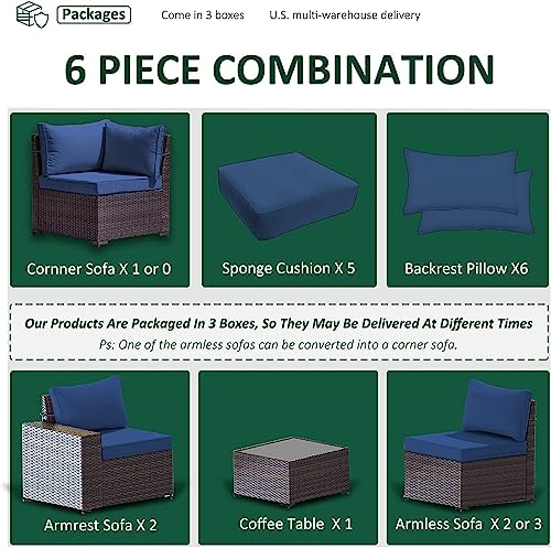 6 PCS Outdoor Patio Furniture Set,Outdoor Sectional Furniture All Weather PE Rattan Wicker Patio Conversation Set with Coffee Table and 5 Thickened Cushions,Navy Blue